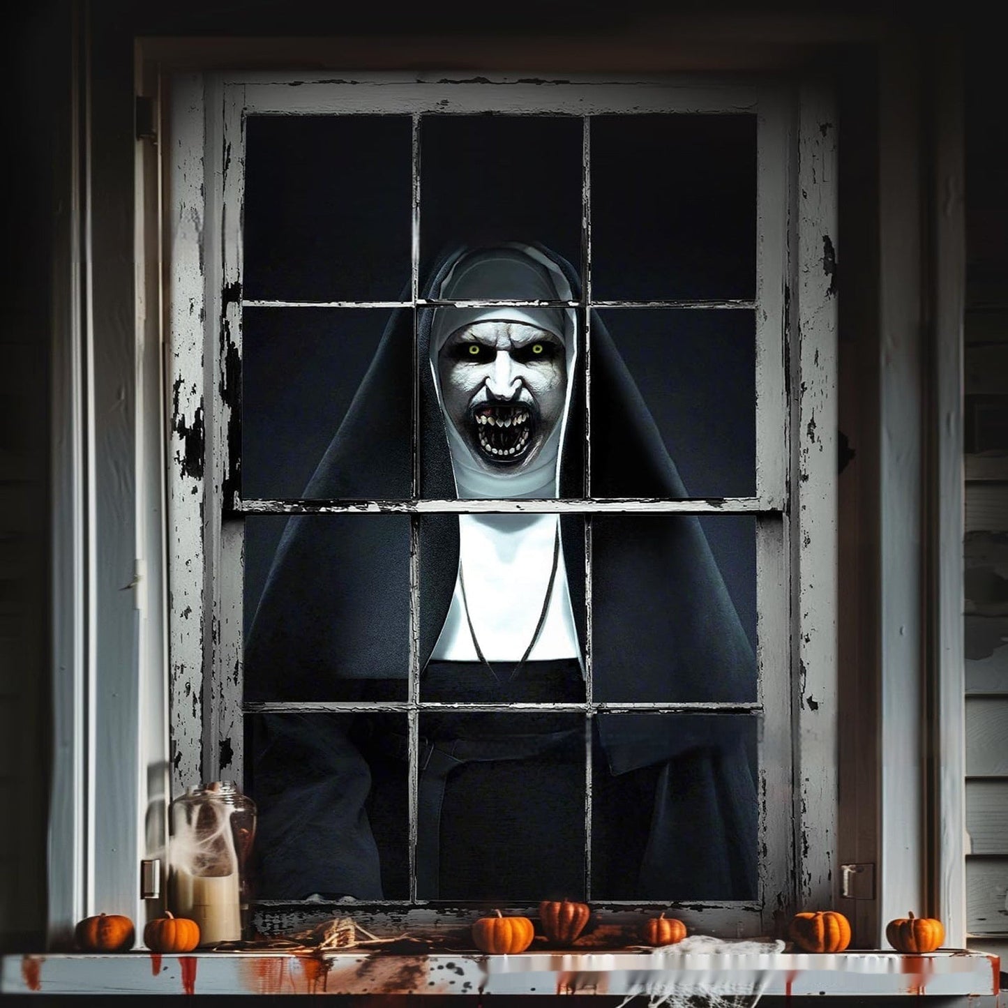 Halloween Fensterdeko Horror Nonne – Gruselige Fensterfolie für Halloween Party & Spukhaus