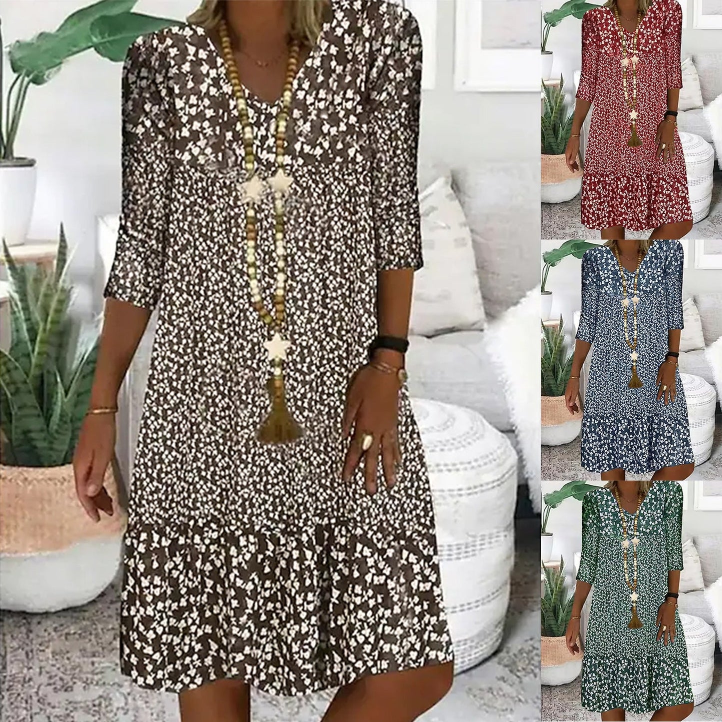 Damen Boho Blumenkleid mit 3/4-Ärmeln – Luftig & Bequem für Alltag und Urlaub