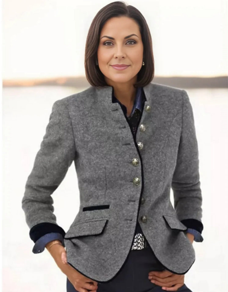 Eleganter Damen Veganwolle Blazer mit Stehkragen und Kontrastdetails – Herbststil
