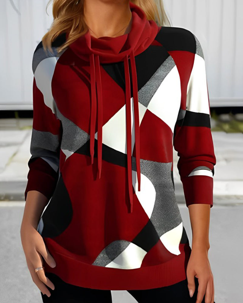 Damen Pullover Modernes Geometrisches Muster Freizeit Sweatshirt mit Kordelzugkragen