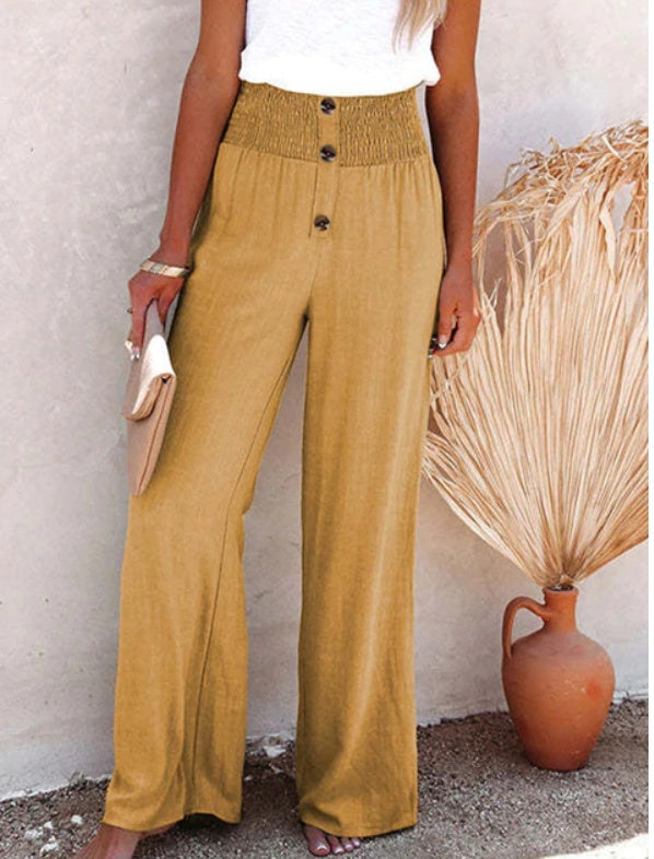 Damen High-Waist Freizeithose mit Knopfdetail – Weit geschnittene Sommerhose im Boho-Stil