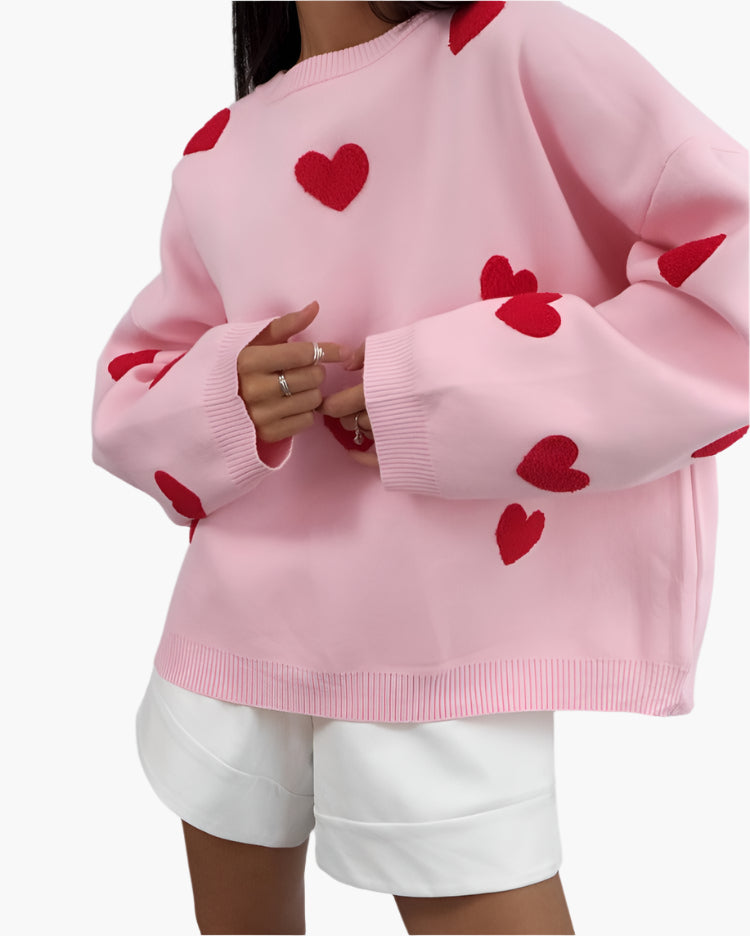Damen Oversized Sweater mit Herz-Print – Bequemer Lounge-Pullover für Zuhause & Freizeit