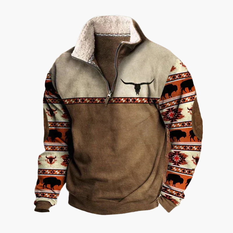 Herren Vintage Ethno-Pullover mit Zip-Kragen – Warmer Freizeit-Sweater mit Musterärmeln
