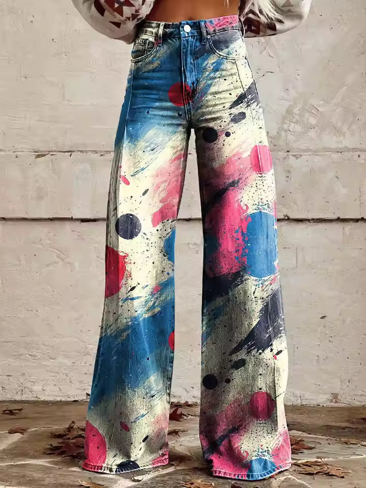 Damen Schlaghose mit auffälligem Blumenmuster im Retro-Stil