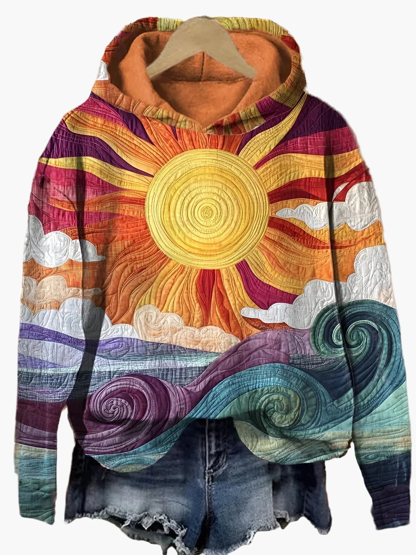 Damen Hoodie mit Sonnendesign – Künstlerischer Freizeitpullover im Boho-Stil