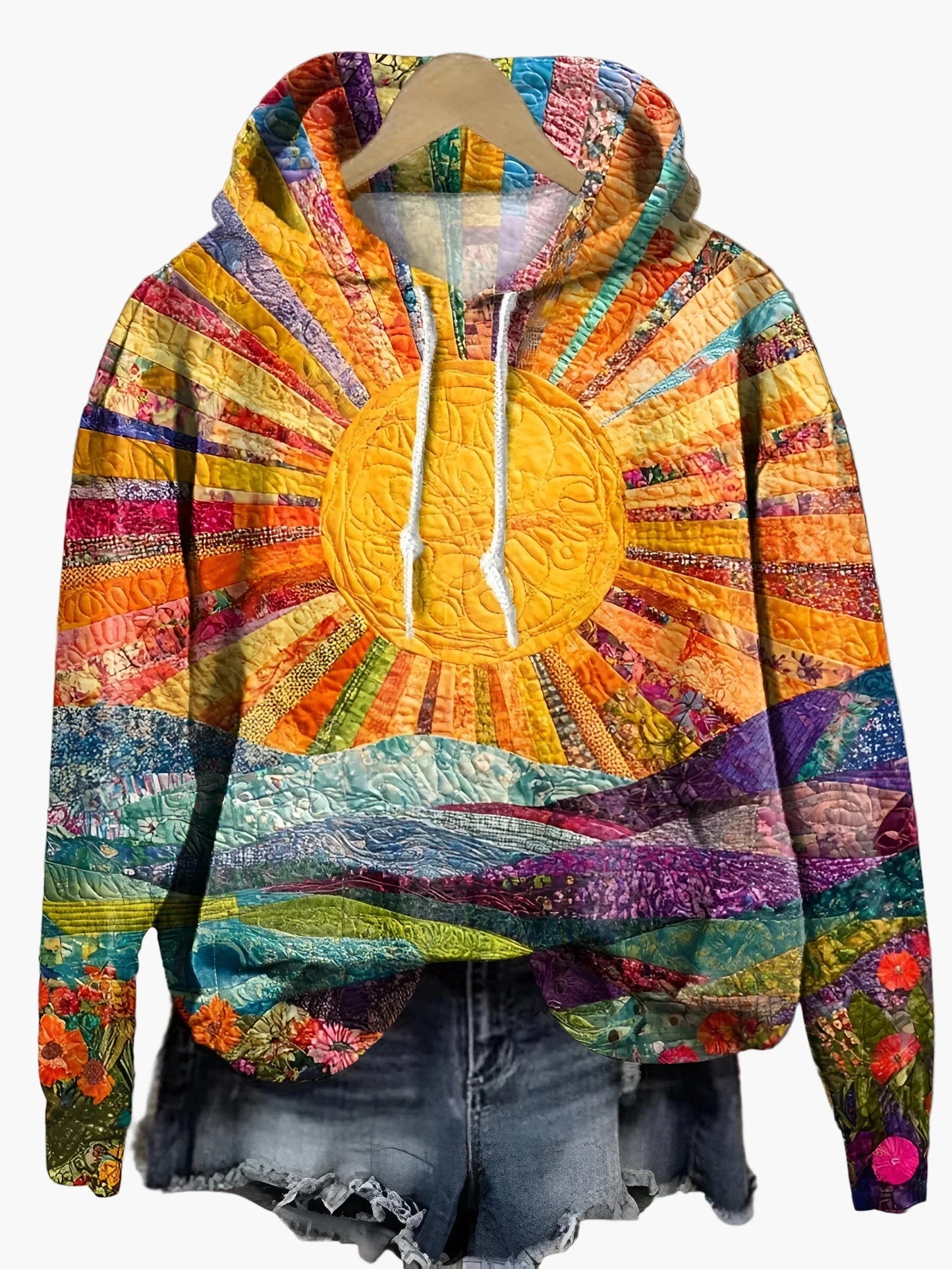 Damen Hoodie mit künstlerischem Sonnenaufgangs-Muster – Boho Style für Freizeit & Alltag