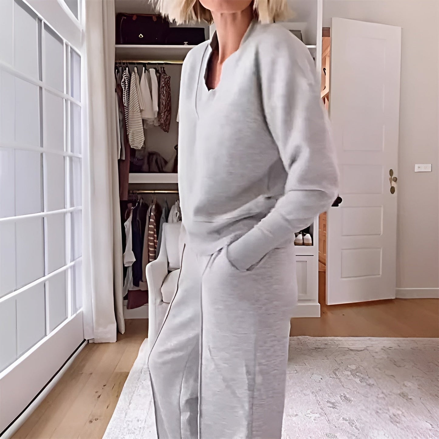 Damen Zweiteiler Lounge & Freizeit Set – Elegantes Sport- und Freizeitoutfit mit weitem Bein und V-Ausschnitt