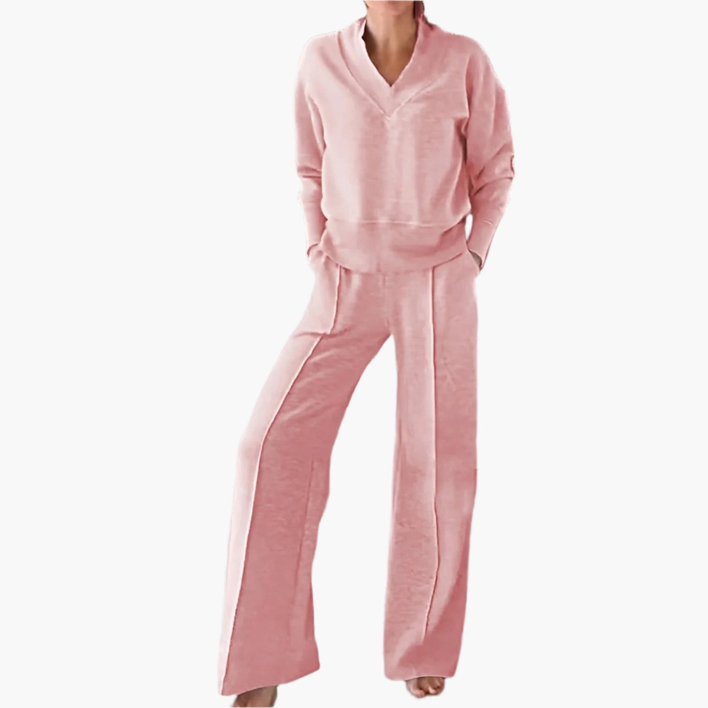 Damen Zweiteiler Lounge & Freizeit Set – Elegantes Sport- und Freizeitoutfit mit weitem Bein und V-Ausschnitt
