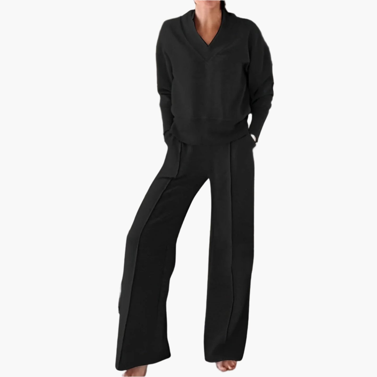 Damen Zweiteiler Lounge & Freizeit Set – Elegantes Sport- und Freizeitoutfit mit weitem Bein und V-Ausschnitt
