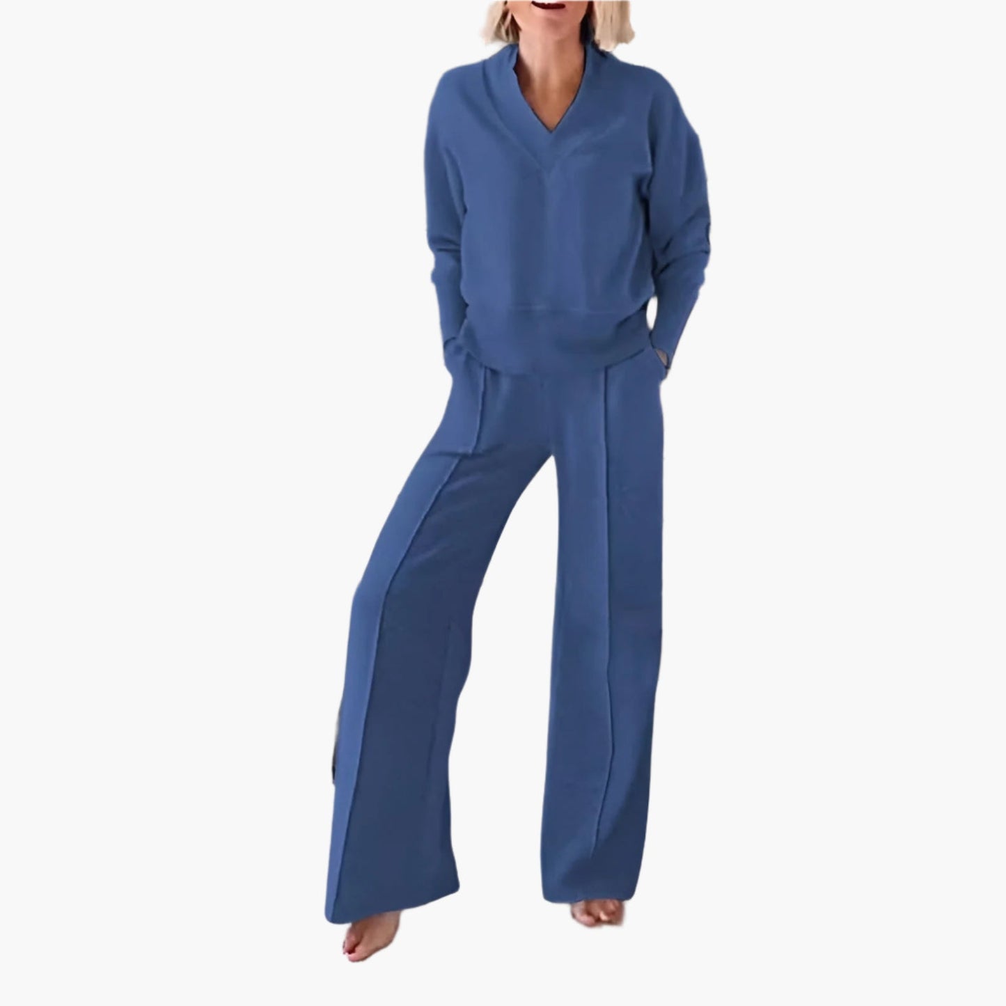 Damen Zweiteiler Lounge & Freizeit Set – Elegantes Sport- und Freizeitoutfit mit weitem Bein und V-Ausschnitt