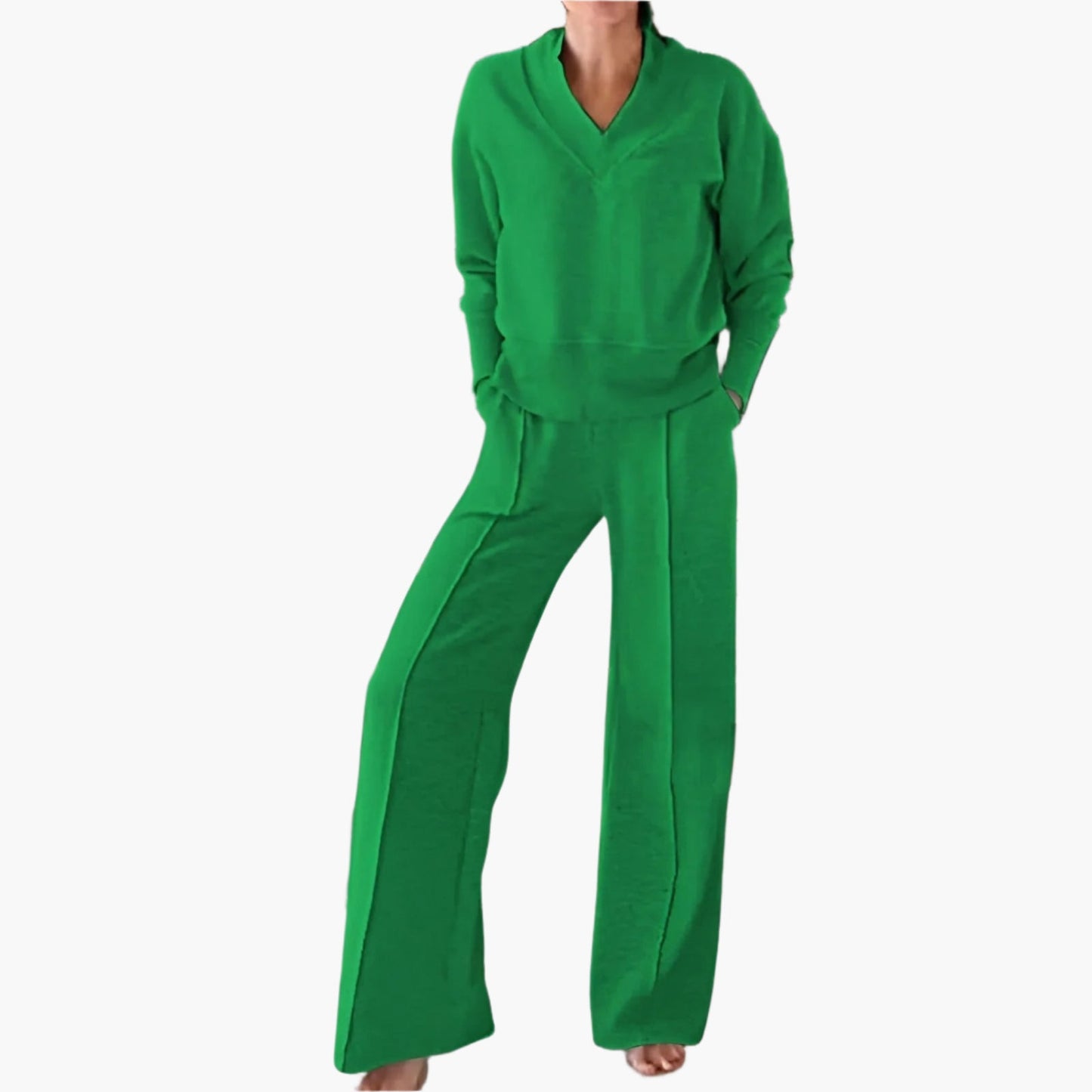 Damen Zweiteiler Lounge & Freizeit Set – Elegantes Sport- und Freizeitoutfit mit weitem Bein und V-Ausschnitt