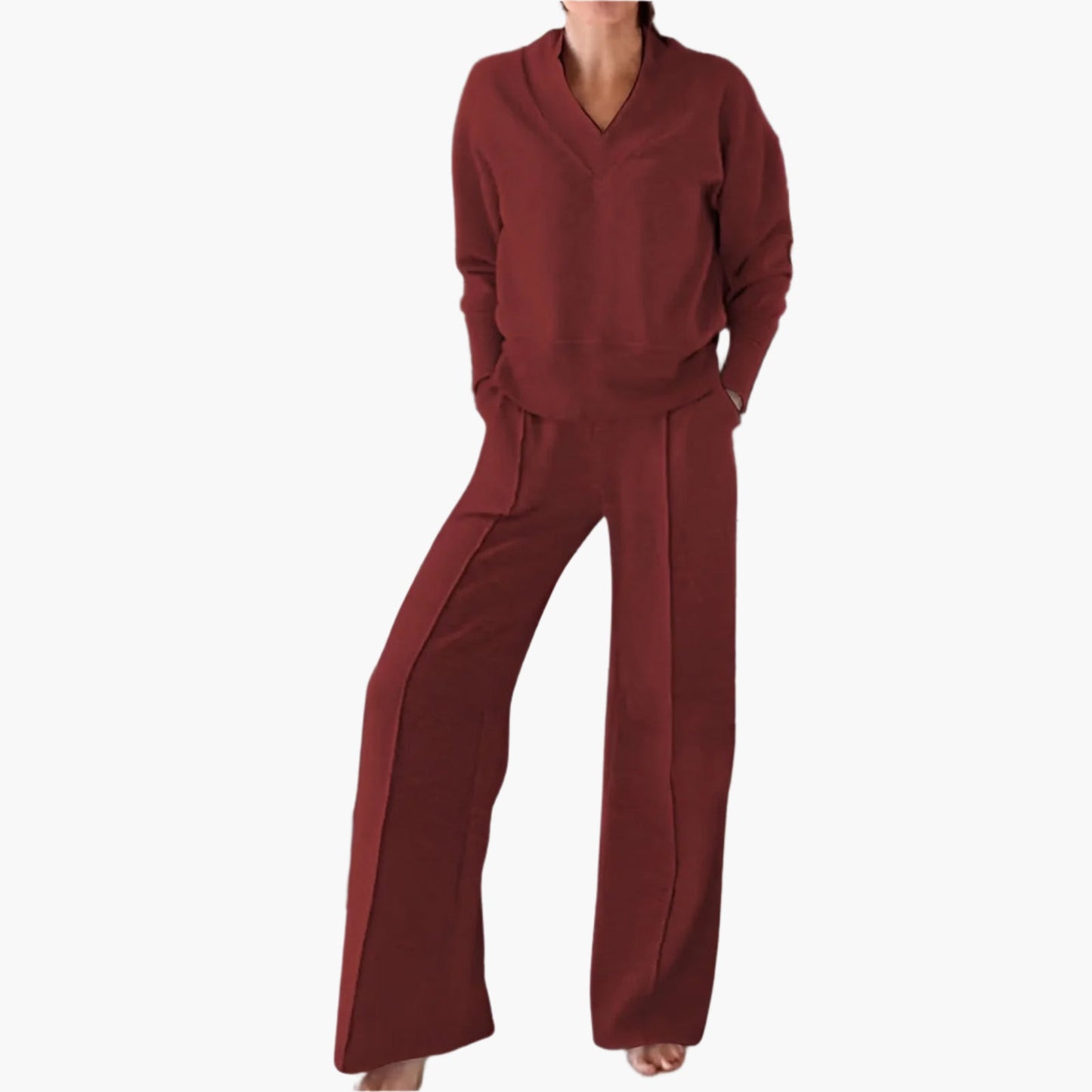 Damen Zweiteiler Lounge & Freizeit Set – Elegantes Sport- und Freizeitoutfit mit weitem Bein und V-Ausschnitt