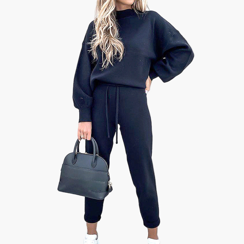 Damen Loungewear Zweiteiler Set mit Stehkragenpullover und High-Waist Hose – Komfortable Freizeitmode