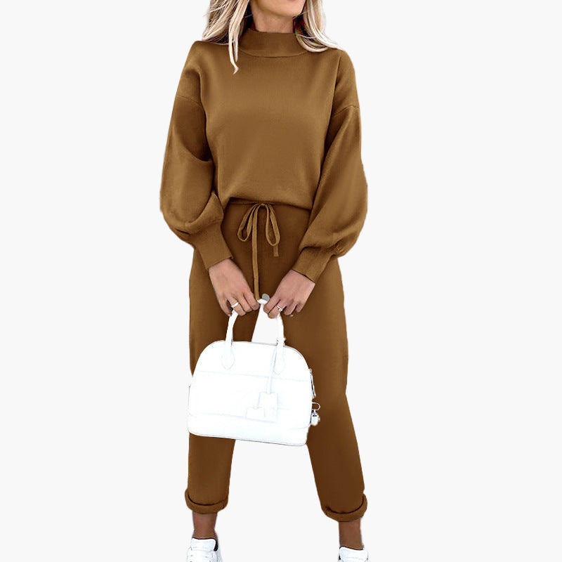 Damen Loungewear Zweiteiler Set mit Stehkragenpullover und High-Waist Hose – Komfortable Freizeitmode