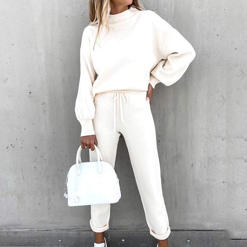 Damen Loungewear Zweiteiler Set mit Stehkragenpullover und High-Waist Hose – Komfortable Freizeitmode