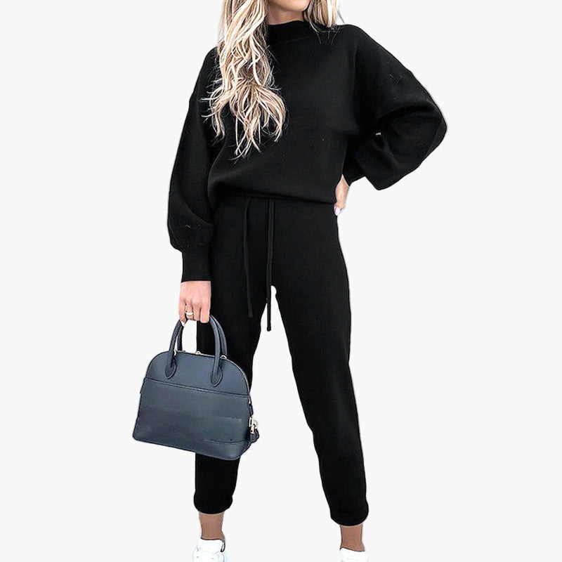 Damen Loungewear Zweiteiler Set mit Stehkragenpullover und High-Waist Hose – Komfortable Freizeitmode