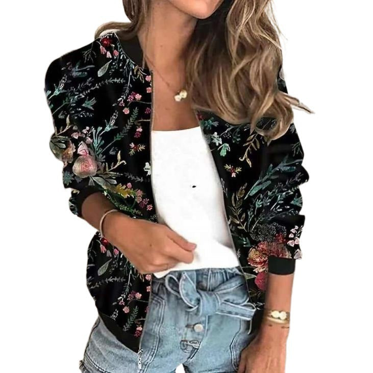 Damen-Bomberjacke mit floralem Vintage-Muster für Freizeit & Alltag