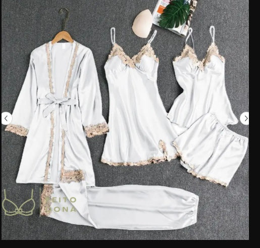 Damen Nachtwäsche Set – Elegantes 5-teiliges Loungewear Ensemble mit Spitzen-Details