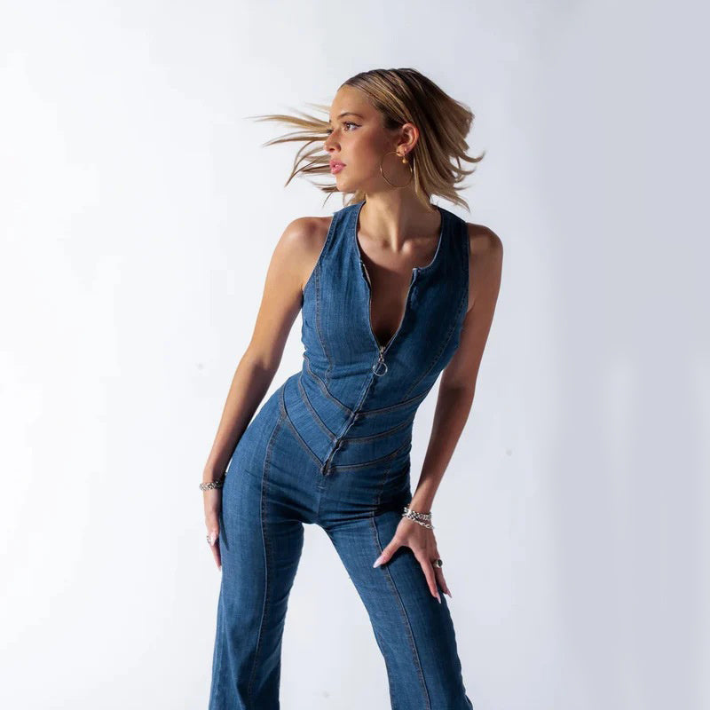Angela – Herzförmiger Rückenfreier Denim-Jumpsuit mit Retro-Stil