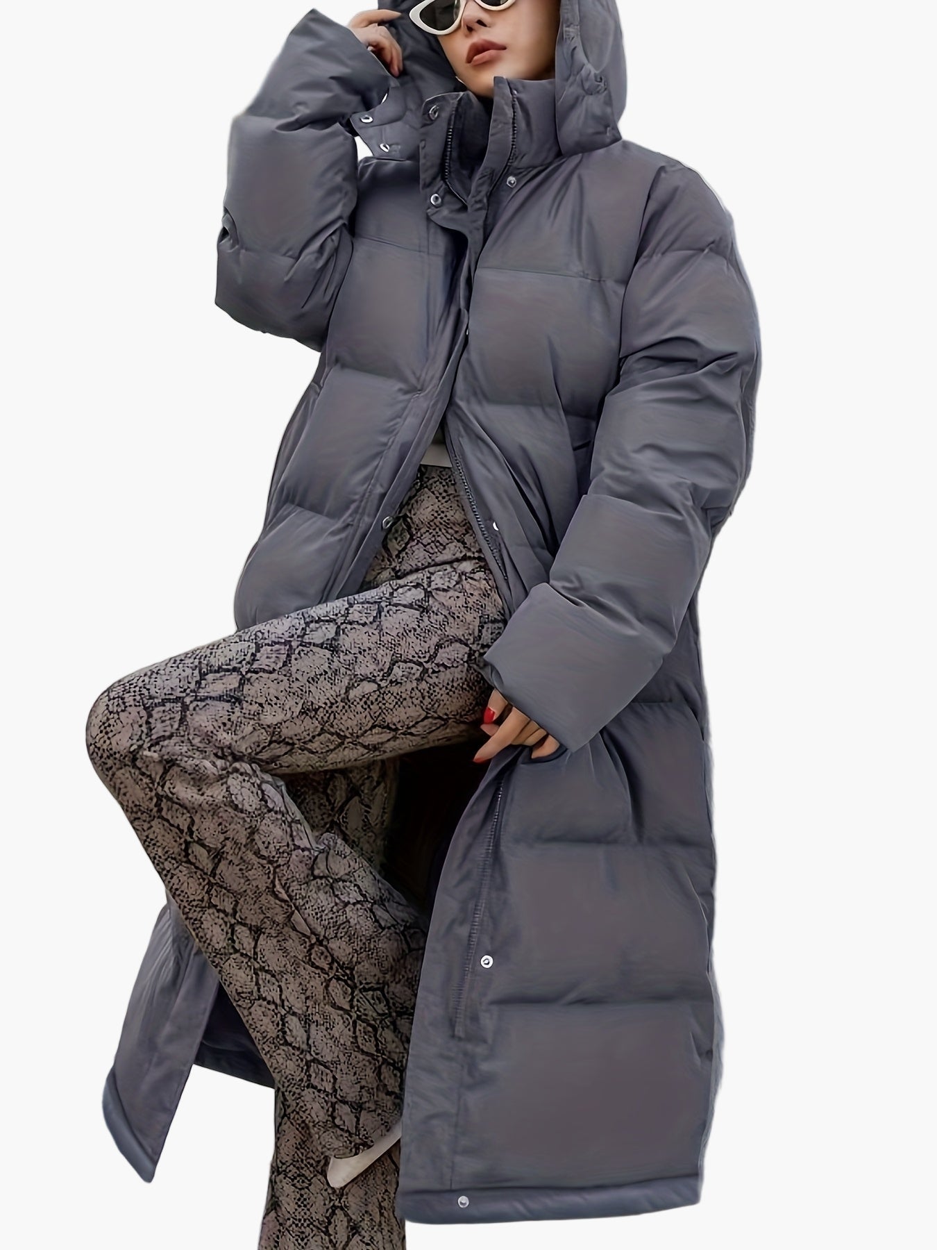 Damen Steppmantel Lang Elegant Winterjacke mit Kapuze und Reißverschluss