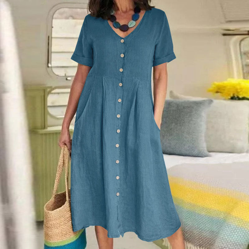 Louise – Lockeres Kleid aus Baumwolle und Leinen mit hohem Bund