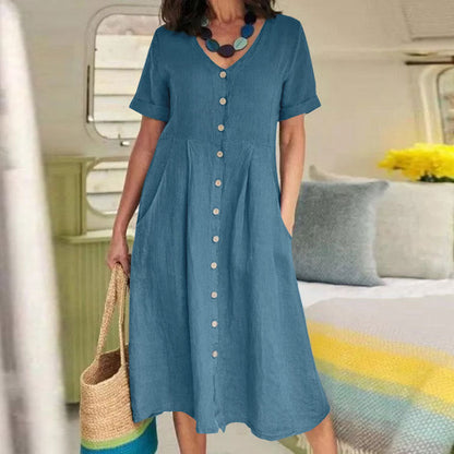 Louise – Lockeres Kleid aus Baumwolle und Leinen mit hohem Bund