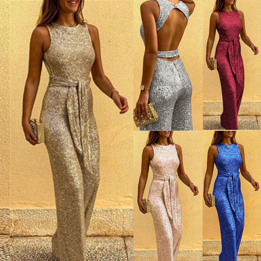 Shannon – Ärmelloser sexy Jumpsuit mit silbernen Paillettenpunkten