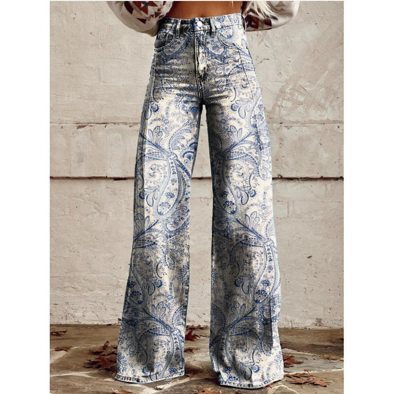 Heather – Bedruckte Damenhose mit weitem Bein aus dünnem veganem Denim