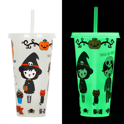 Halloween Becher mit Strohhalm – Leuchtender Partybecher für Halloween-Partys & Gruselige Dekoration