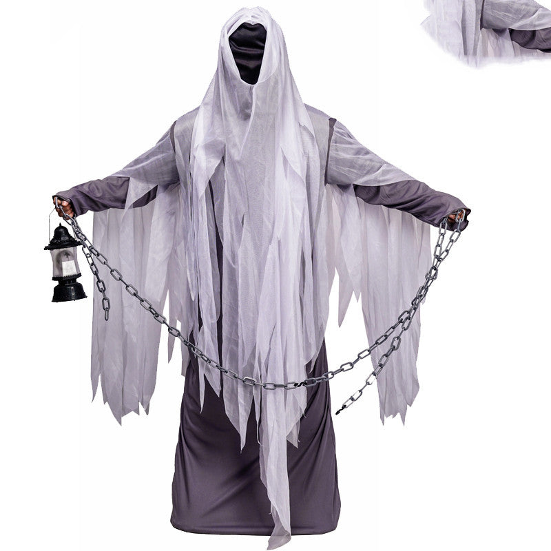 Halloween Geisterkostüm für Erwachsene – Spukendes Geist-Outfit mit Kette und Laterne – Perfekt für Halloween-Partys & Grusel-Events