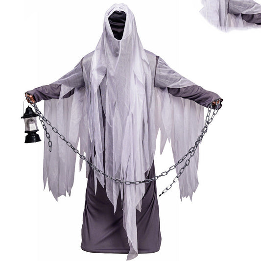 Halloween Geisterkostüm für Erwachsene – Spukendes Geist-Outfit mit Kette und Laterne – Perfekt für Halloween-Partys & Grusel-Events