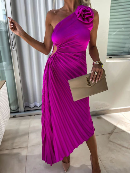 Damen One-Shoulder Plissee Cocktailkleid mit Blumenapplikation – Elegantes Abendkleid für besondere Anlässe