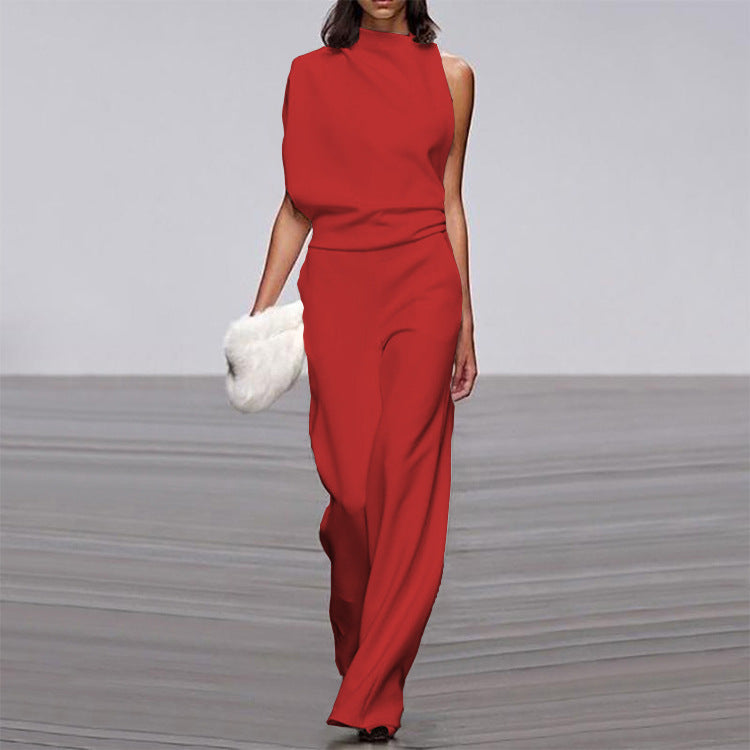 Marion – Einfarbiger Damen-Jumpsuit mit Schulterfreier Paspelkragen