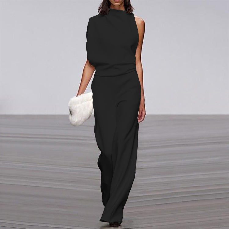 Marion – Einfarbiger Damen-Jumpsuit mit Schulterfreier Paspelkragen