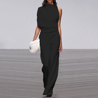 Marion – Einfarbiger Damen-Jumpsuit mit Schulterfreier Paspelkragen