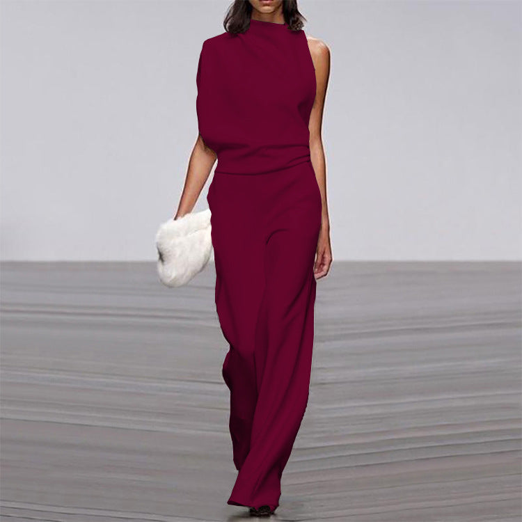 Marion – Einfarbiger Damen-Jumpsuit mit Schulterfreier Paspelkragen