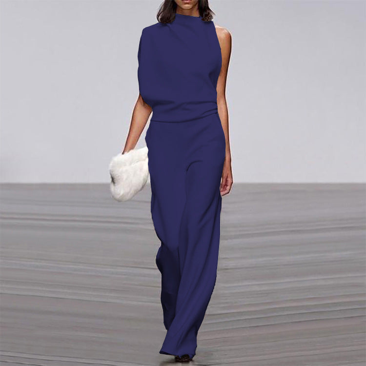 Marion – Einfarbiger Damen-Jumpsuit mit Schulterfreier Paspelkragen
