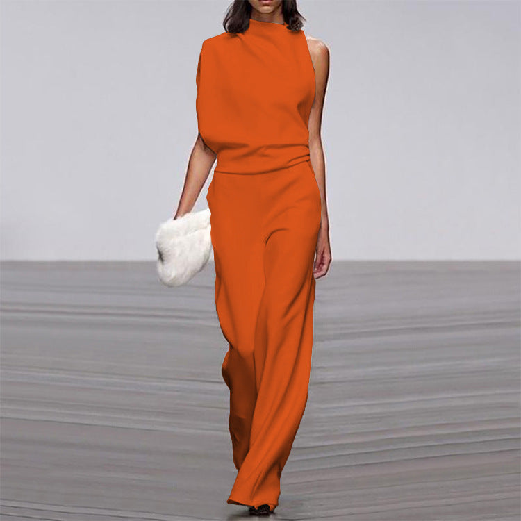 Marion – Einfarbiger Damen-Jumpsuit mit Schulterfreier Paspelkragen