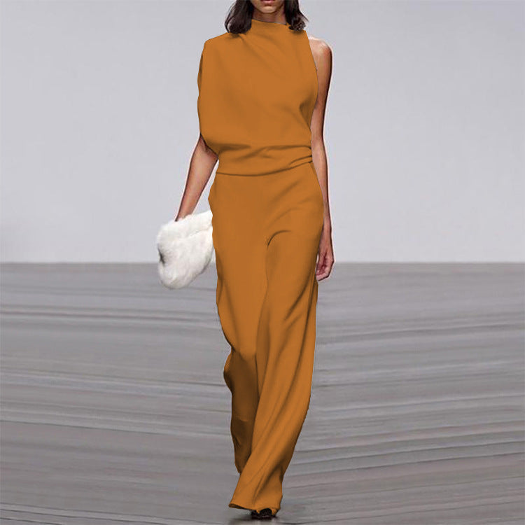 Marion – Einfarbiger Damen-Jumpsuit mit Schulterfreier Paspelkragen