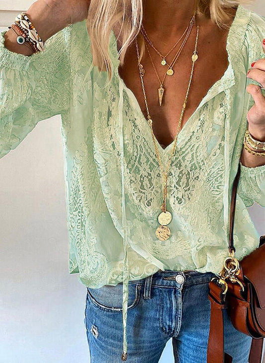 Damen-Spitzenbluse im Boho-Stil mit V-Ausschnitt für Freizeit & Sommer