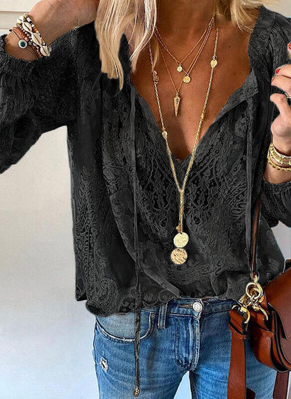 Damen-Spitzenbluse im Boho-Stil mit V-Ausschnitt für Freizeit & Sommer