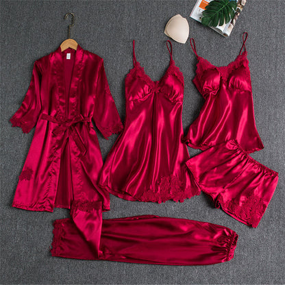 Damen Nachtwäsche Set – Elegantes 5-teiliges Loungewear Ensemble mit Spitzen-Details