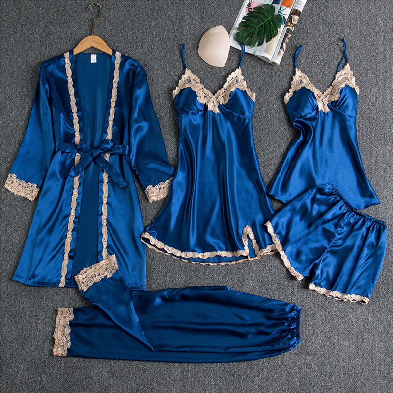 Damen Nachtwäsche Set – Elegantes 5-teiliges Loungewear Ensemble mit Spitzen-Details