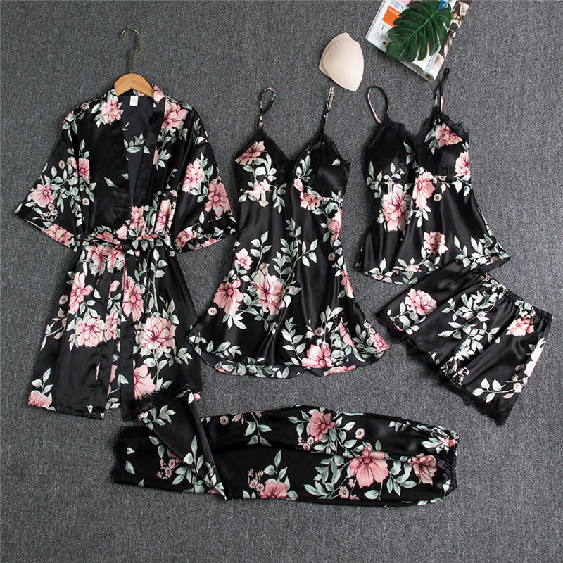 Damen Nachtwäsche Set – Elegantes 5-teiliges Loungewear Ensemble mit Spitzen-Details