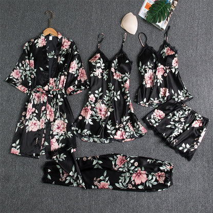 Damen Nachtwäsche Set – Elegantes 5-teiliges Loungewear Ensemble mit Spitzen-Details
