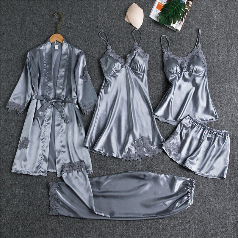 Damen Nachtwäsche Set – Elegantes 5-teiliges Loungewear Ensemble mit Spitzen-Details