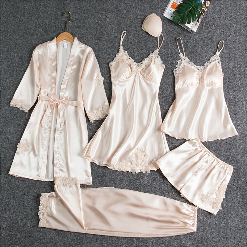 Damen Nachtwäsche Set – Elegantes 5-teiliges Loungewear Ensemble mit Spitzen-Details