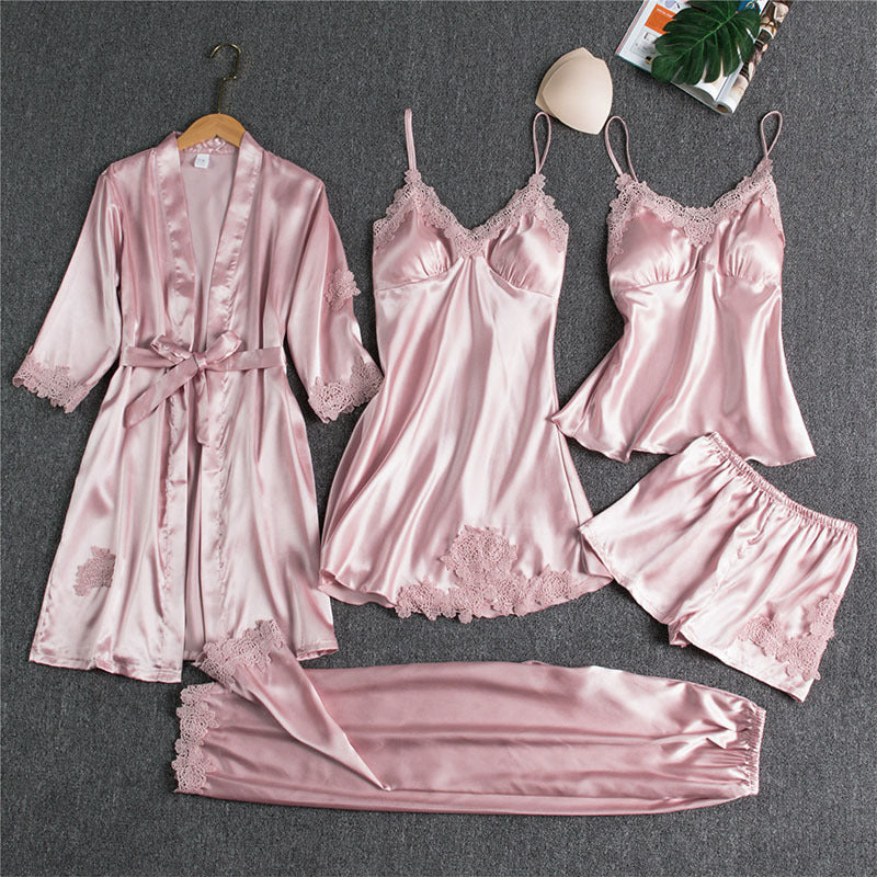 Damen Nachtwäsche Set – Elegantes 5-teiliges Loungewear Ensemble mit Spitzen-Details