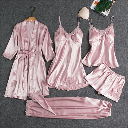 Damen Nachtwäsche Set – Elegantes 5-teiliges Loungewear Ensemble mit Spitzen-Details