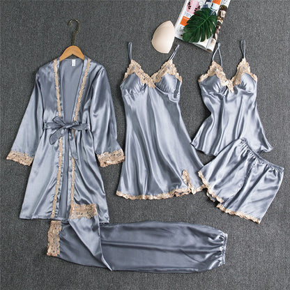 Damen Nachtwäsche Set – Elegantes 5-teiliges Loungewear Ensemble mit Spitzen-Details